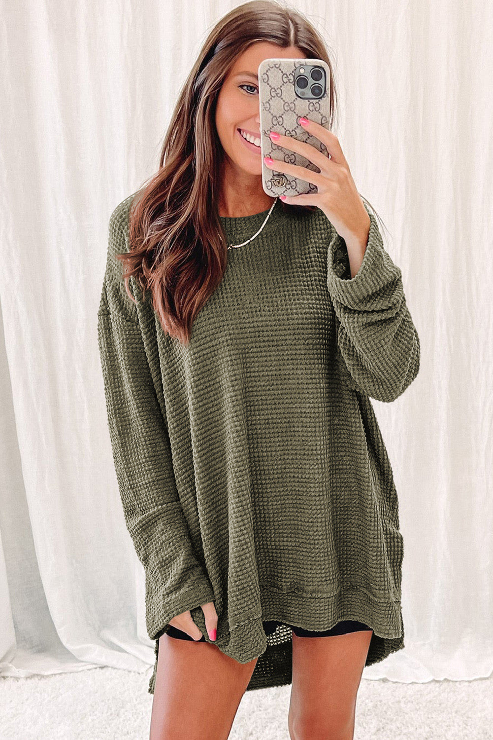 You'll Fall In Love Waffle Knit Long Sleeve Oversized Top | Green | +Plus Available