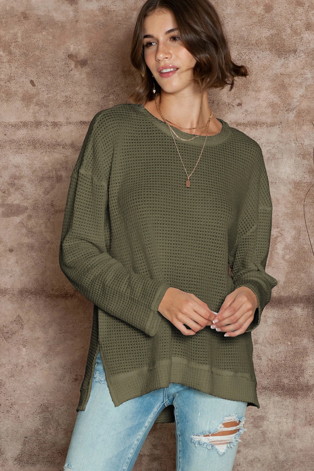 You'll Fall In Love Waffle Knit Long Sleeve Oversized Top | Green | +Plus Available