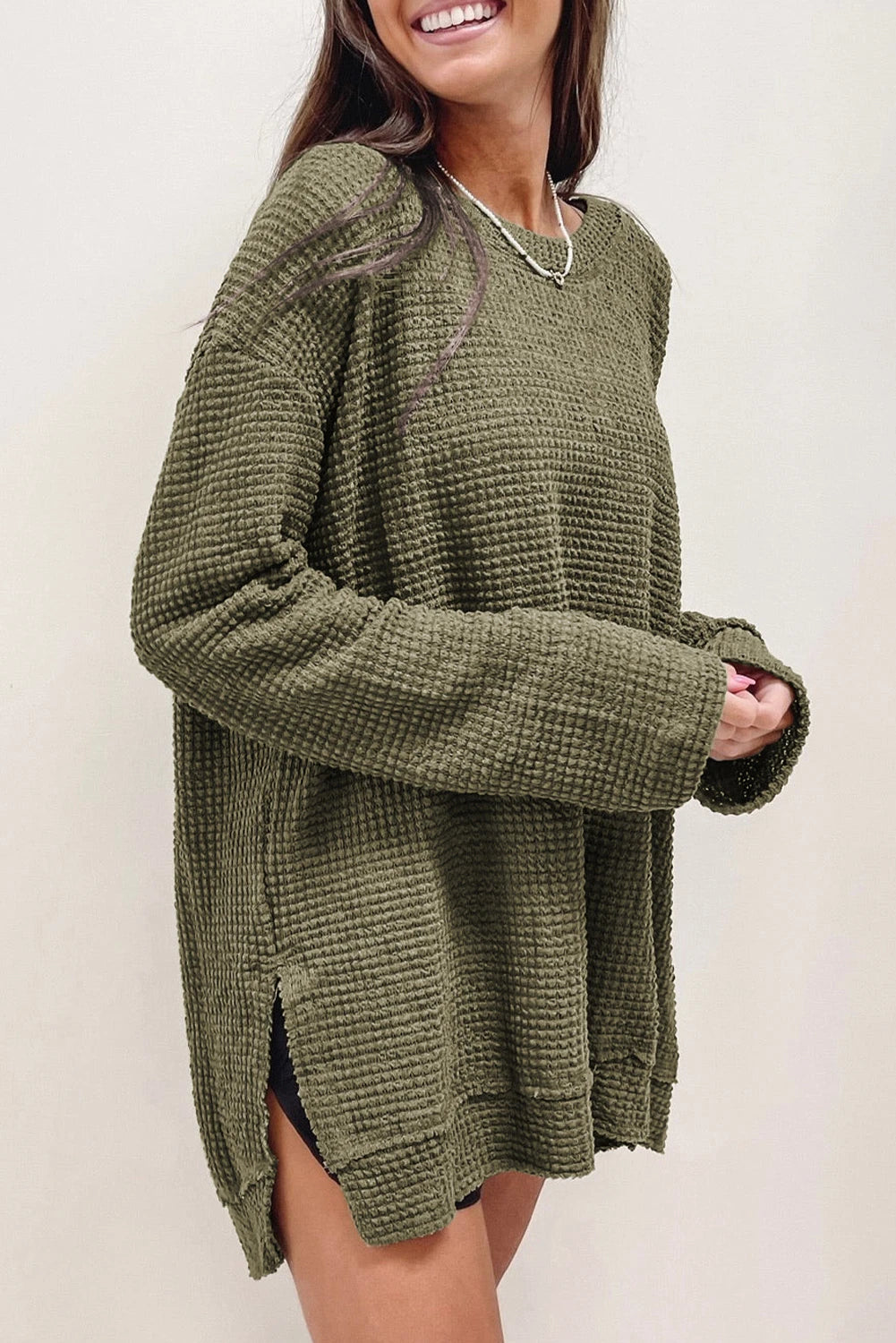 You'll Fall In Love Waffle Knit Long Sleeve Oversized Top | Green | +Plus Available