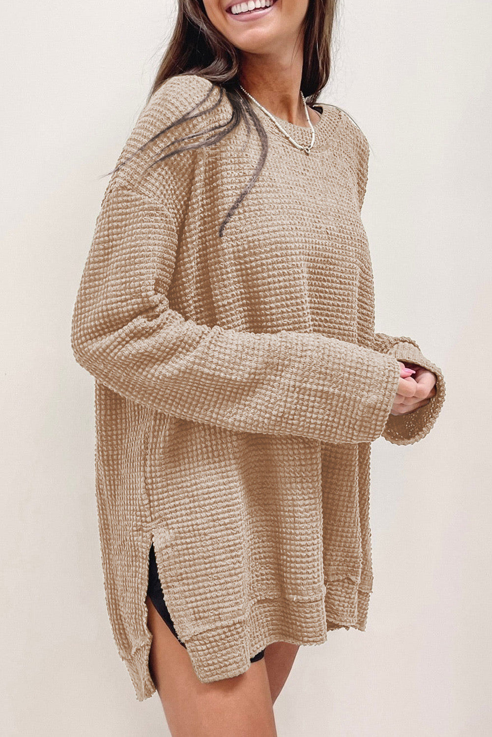 You'll Fall In Love Waffle Knit Long Sleeve Oversized Top | Cream | +Plus Available