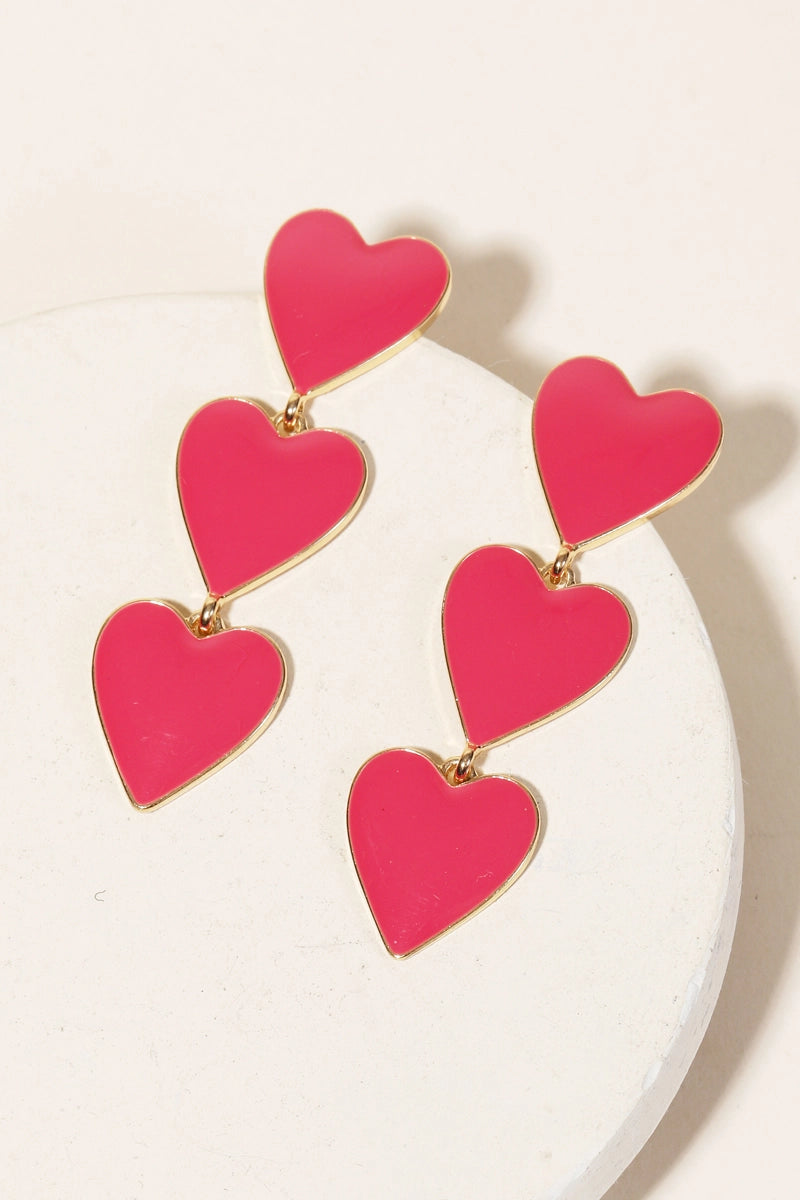 Pink Enamel Heart Layered Drop Earrings