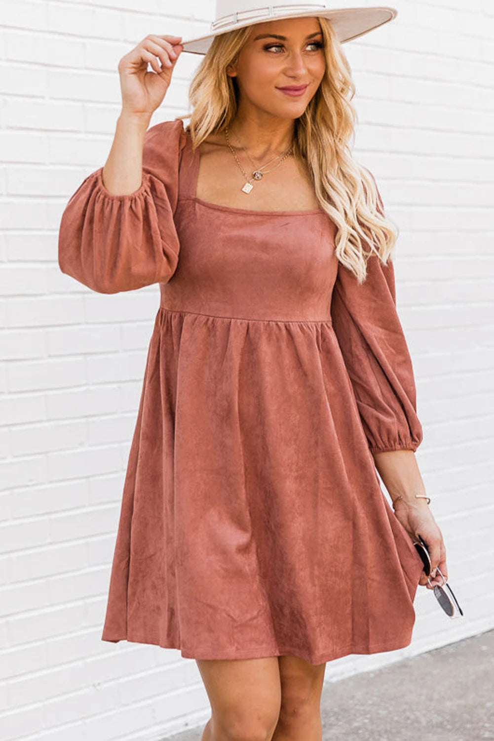 Autumn In New York Suede Long Sleeve Dress | Brown