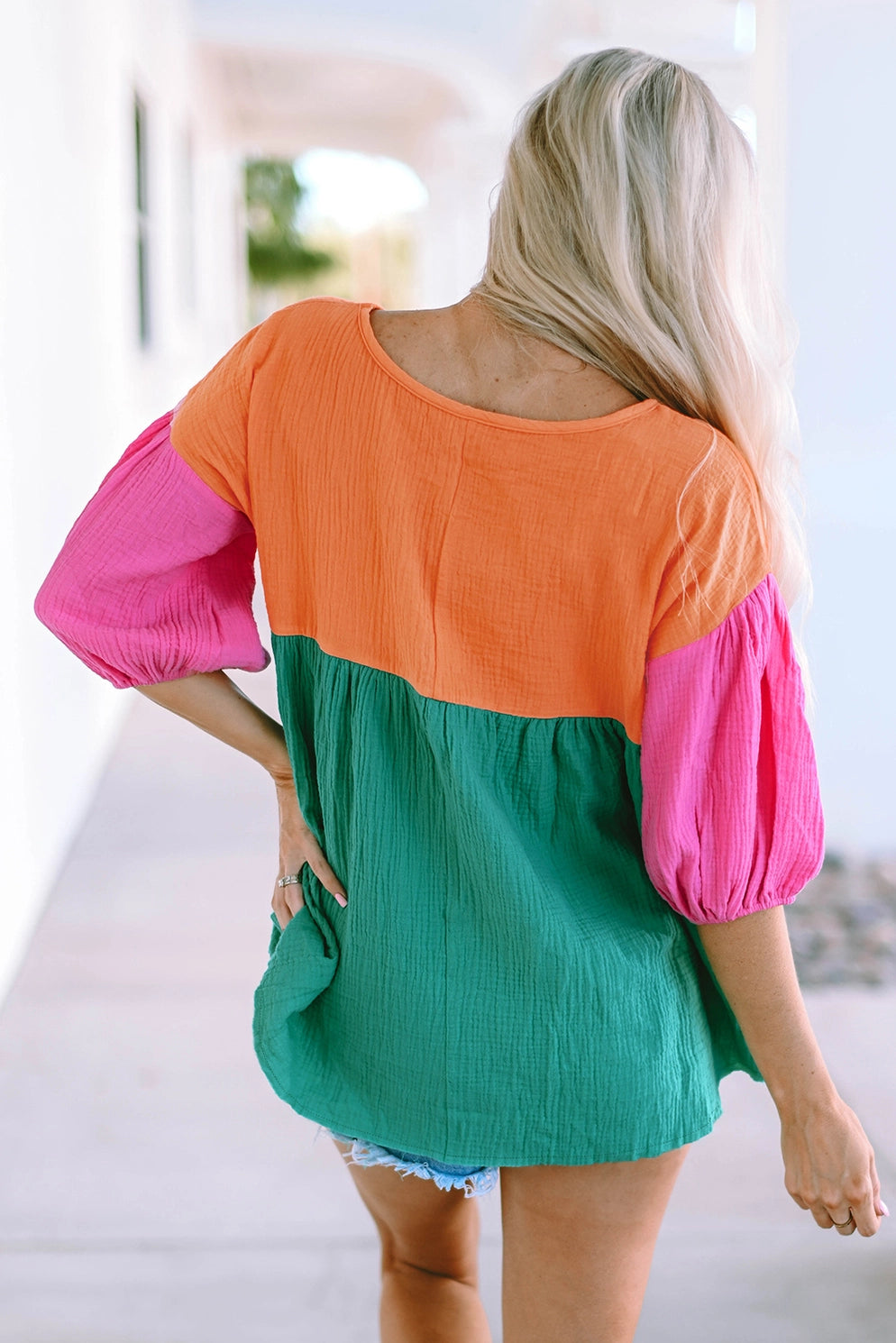 Spicing Things Up Crinkle Bubble Sleeve Gauze Top | Multi Color Block