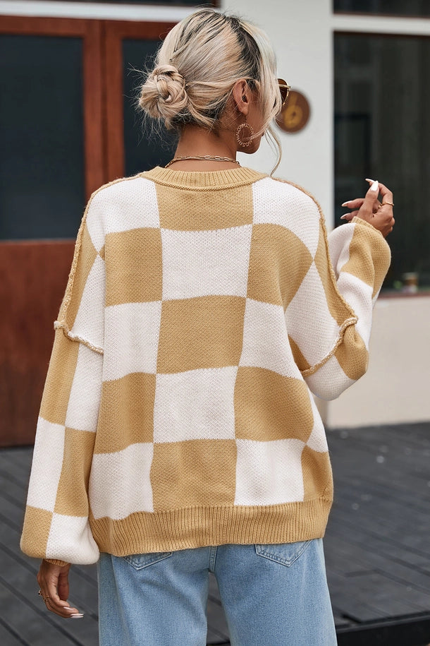 Last Thursdays Check Bishop Sleeve Pullover Sweater | Cream