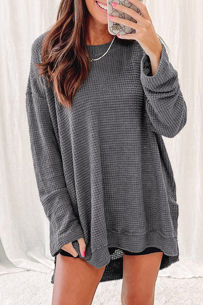 You'll Fall In Love Waffle Knit Long Sleeve Oversized Top | Gray | +Plus Available