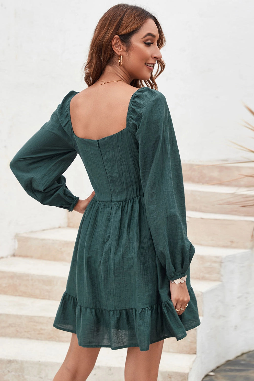 Autumn Annette Flounce Long Sleeve Mini Dress | Green