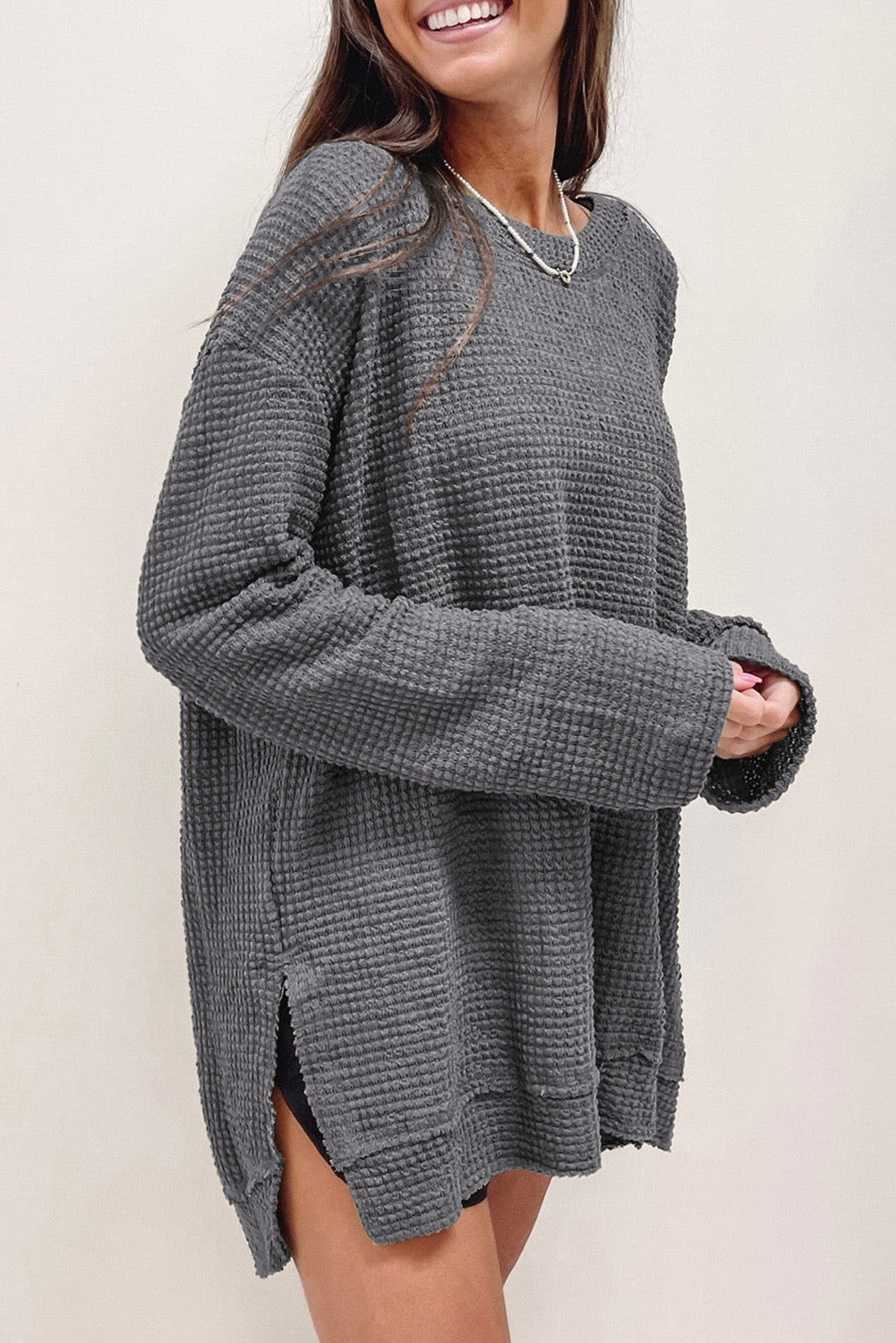 You'll Fall In Love Waffle Knit Long Sleeve Oversized Top | Gray | +Plus Available