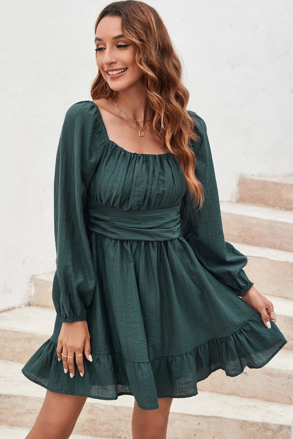 Autumn Annette Flounce Long Sleeve Mini Dress | Green