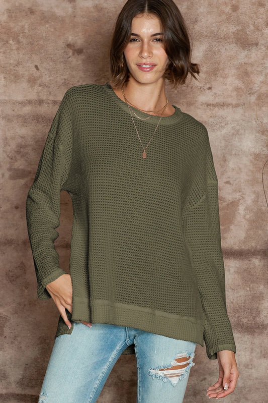 You'll Fall In Love Waffle Knit Long Sleeve Oversized Top | Green | +Plus Available