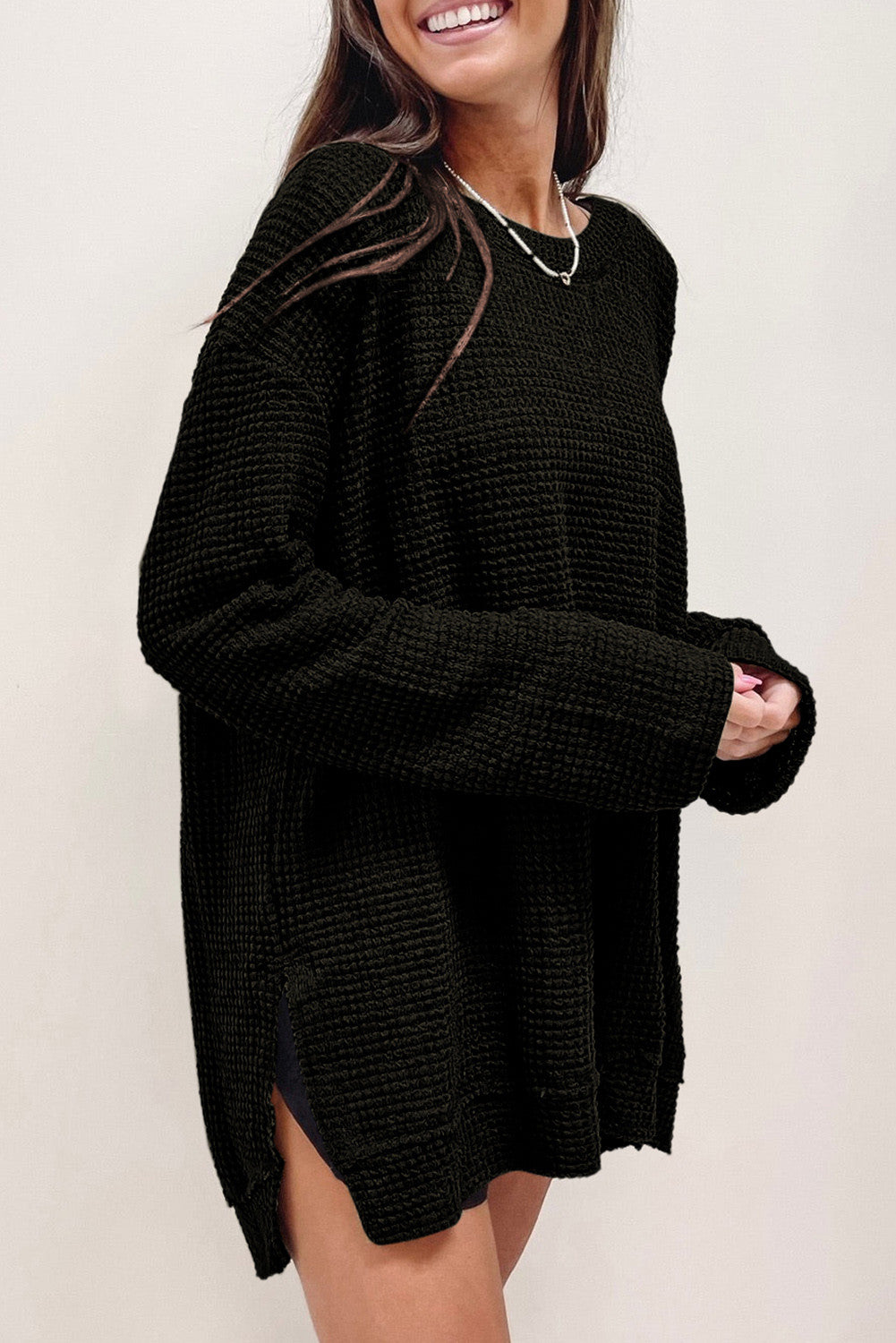 You'll Fall In Love Waffle Knit Long Sleeve Oversized Top | Black | +Plus Available