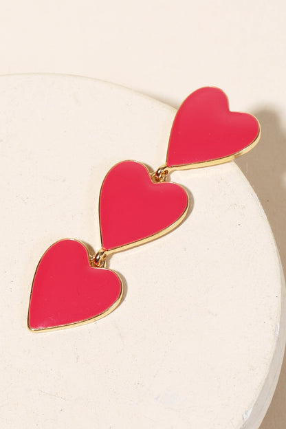 Pink Enamel Heart Layered Drop Earrings