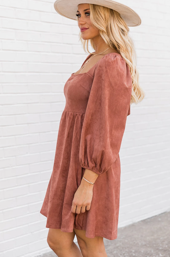 Autumn In New York Suede Long Sleeve Dress | Brown