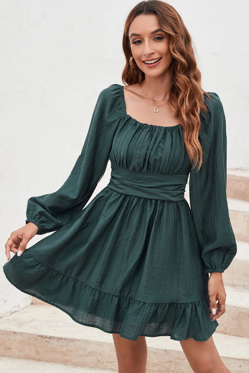 Autumn Annette Flounce Long Sleeve Mini Dress | Green