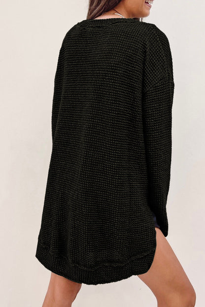 You'll Fall In Love Waffle Knit Long Sleeve Oversized Top | Black | +Plus Available