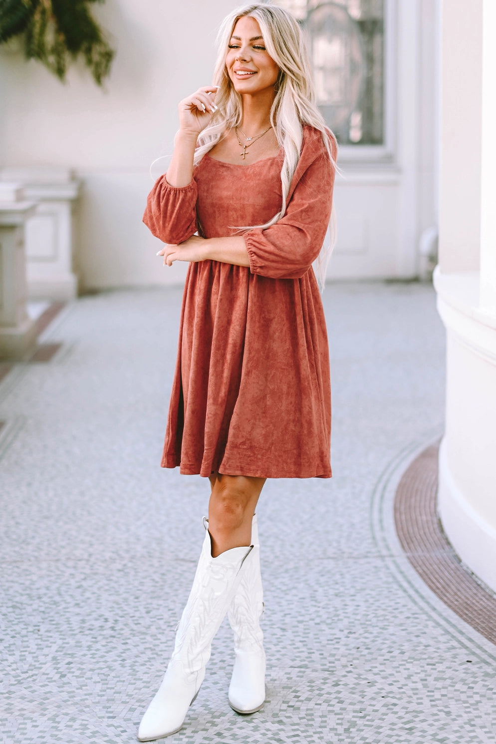 Autumn In New York Suede Long Sleeve Dress | Brown