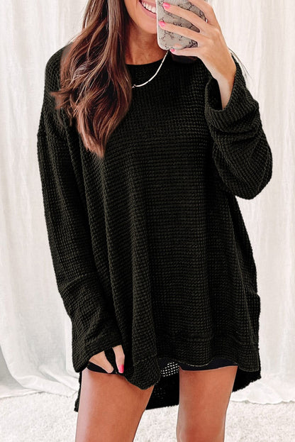 You'll Fall In Love Waffle Knit Long Sleeve Oversized Top | Black | +Plus Available